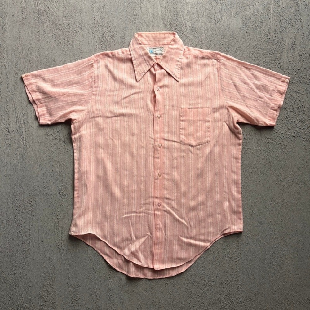 Vintage K Mart Button Up Shirt Size 16 Pink 1970s Striped Short Sleeve